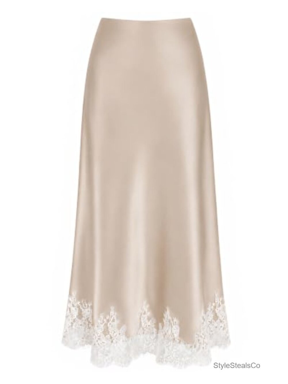 Lace Trim Satin Midi Skirt High Waisted A-Line Long Skirt